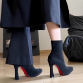 绒面红底防水台瘦瘦短靴女2025年秋冬新款 黑色性感尖头高跟袜靴
