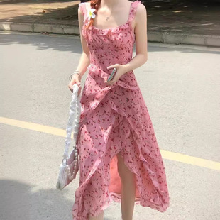 韩系少女感甜美气质印花显瘦荷叶边氛围感开叉吊带中长裙 夏季