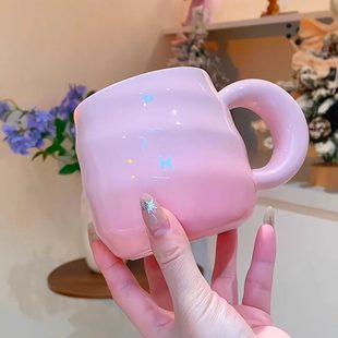 韩系渐层马克龙螺纹马克杯带把手秋冬早餐牛奶咖啡杯釉下彩陶瓷杯