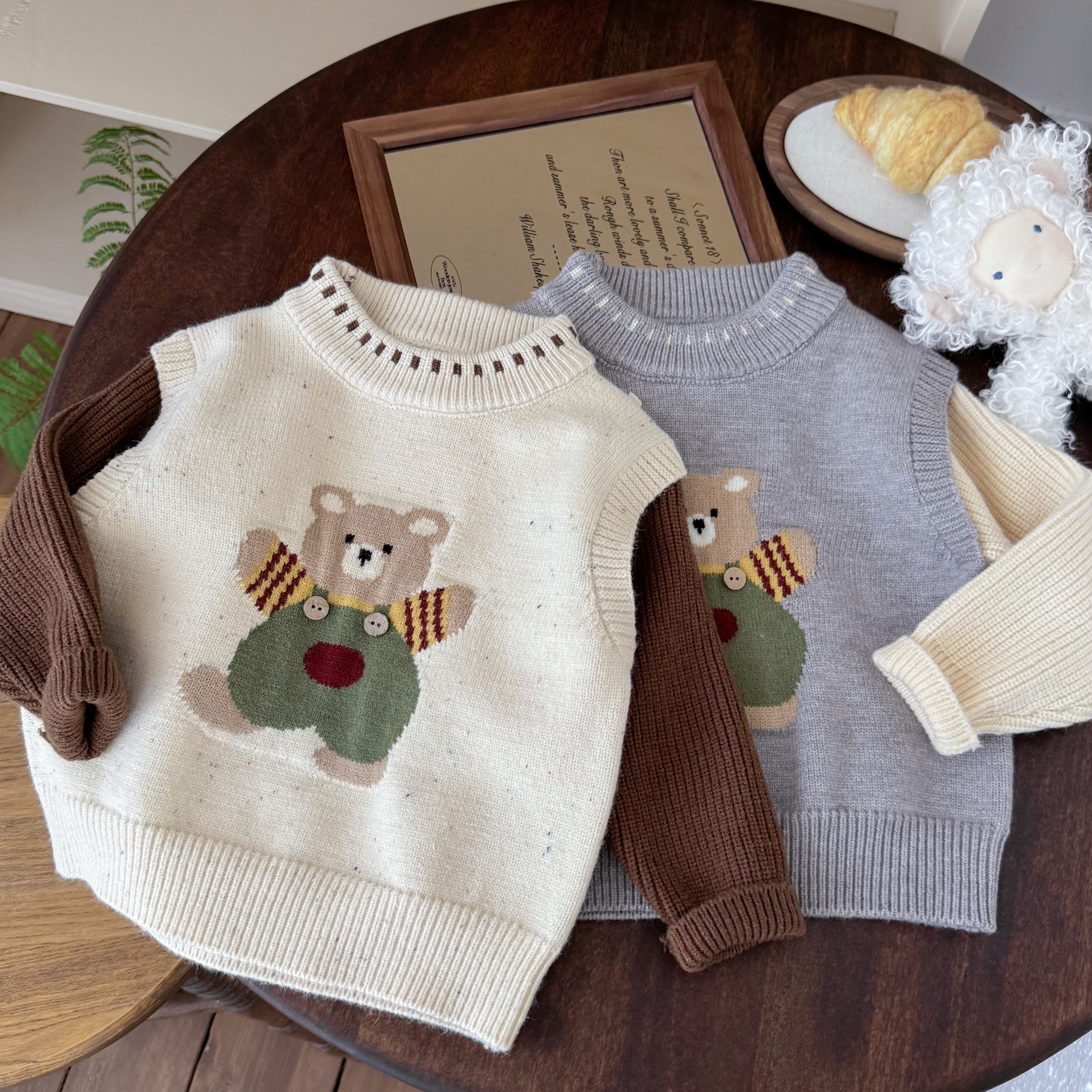 儿童假两件毛衣圆领套头衫冬季男童小熊加绒加厚毛线衣宝宝针织衫