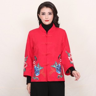 春秋冬新款民族风女装刺绣直筒宽松立领盘扣棉衣大码短外套女上衣