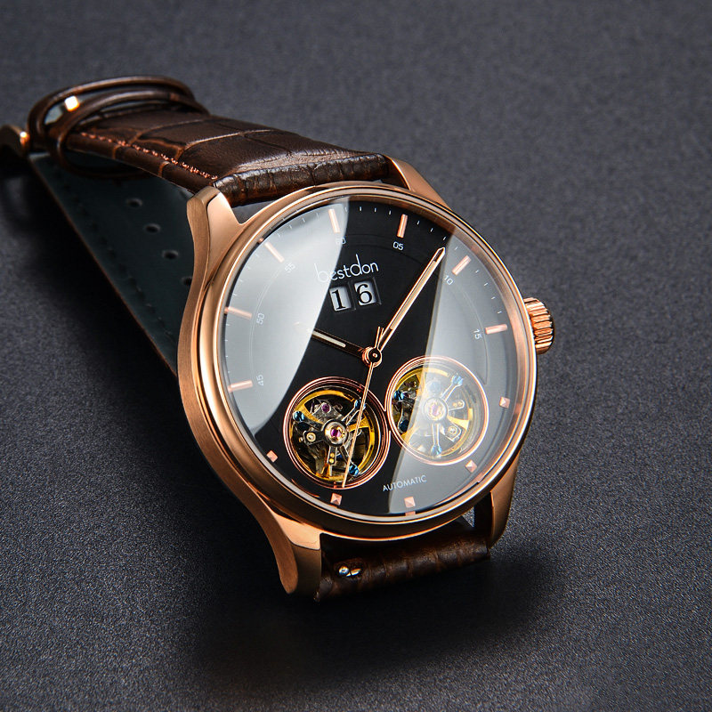 邦顿手表男士双陀飞轮机械表男镂空双历全自动皮带款男表正品名牌