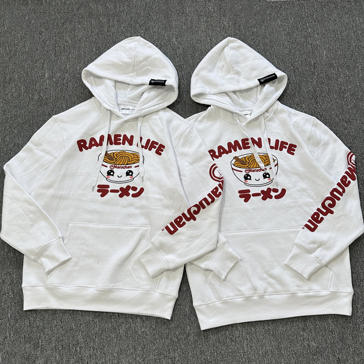 瑕疵处理    日单卡通拉面连帽卫衣女白色秋冬加绒宽松上衣男