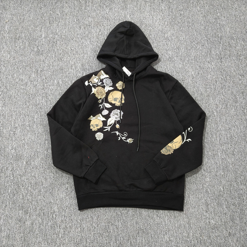 瑕疵处理      薄绒套头连帽卫衣男休闲宽松骷髅玫瑰刺绣上衣女
