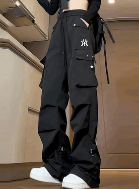 工装裤女宽松直筒加绒加厚秋冬季伞兵裤防水冲锋裤男女同款休闲裤