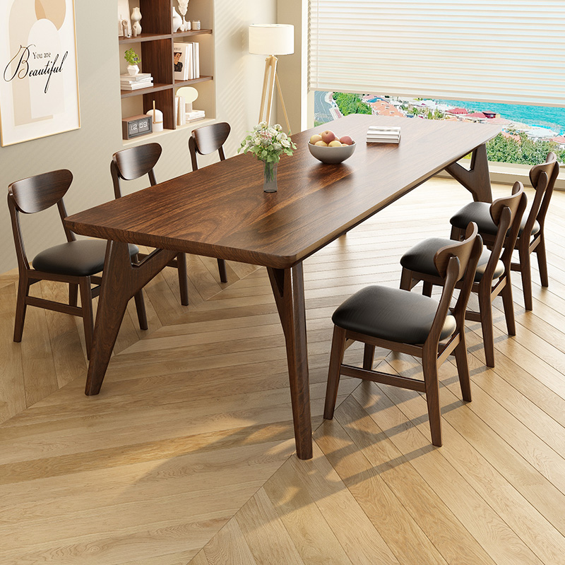 南美胡桃木餐桌椅组合实木原木长方形吃饭桌复古餐厅客厅大长桌子
