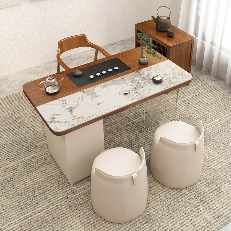 现代简约实木阳台茶桌椅组合家用小户型岩板茶几新中式一体泡茶台