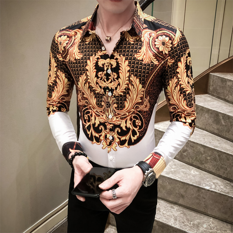 2021春男衬衫英伦男长袖上衣韩版修身印花衬衫工服A068-H800-P55图片