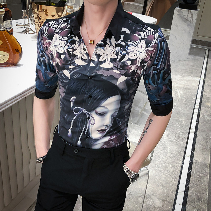 2021春夏男衬衫中袖个性衬衣青年商务衬衫潮流花衬衫时尚D565-P55,男装衬衫,星座419（原A233）