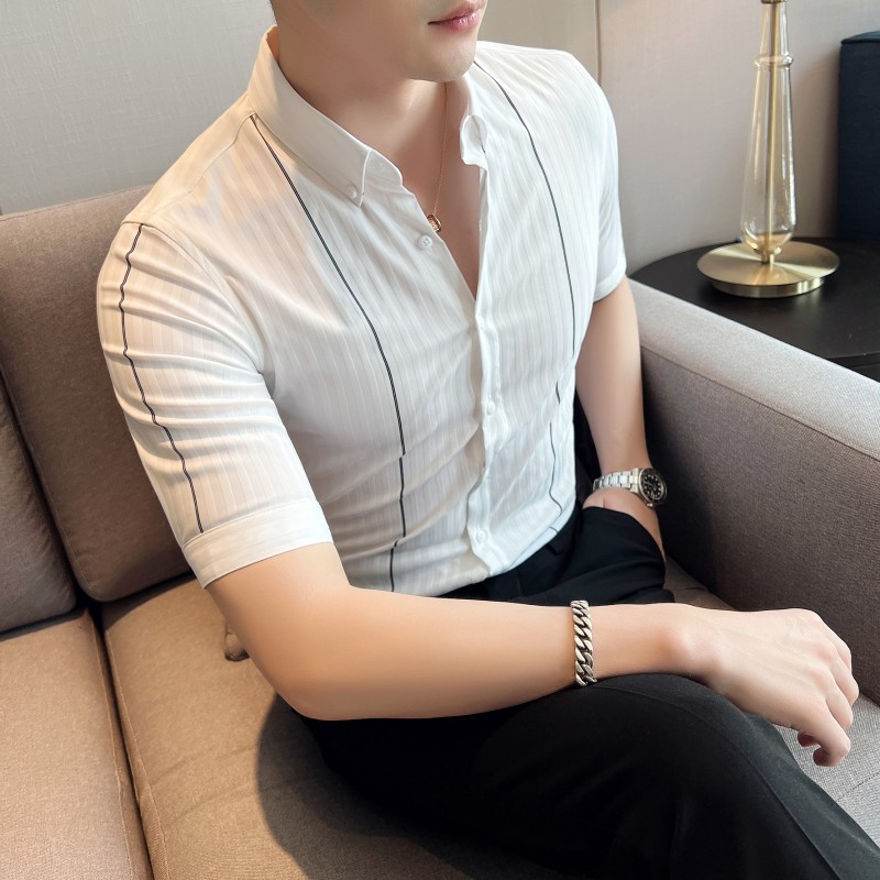 春夏男士衬衫 高级感休闲衬衣  短袖条纹衬衫5分袖A233-M2105-P60图片
