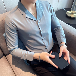 四季款男纯色长袖衬衫英伦风西装领衬衣修身款个性V领衬H698特P35图片