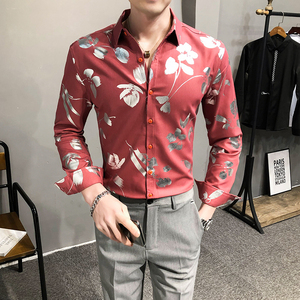 2021春装男衬衫长袖烫金衬衫男青年潮流花衬衫时尚A068-H703图片