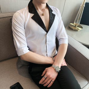 2025春夏男中袖衬衫英伦风个性衬衣修身款拼接潮男款H752-P55控75