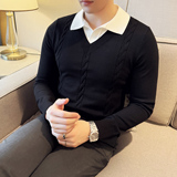 秋冬男士毛衣假两件针织毛衣打底衫撞色衬衫领翻领毛衣S3322-P75，男装T恤，星座419（原A233）