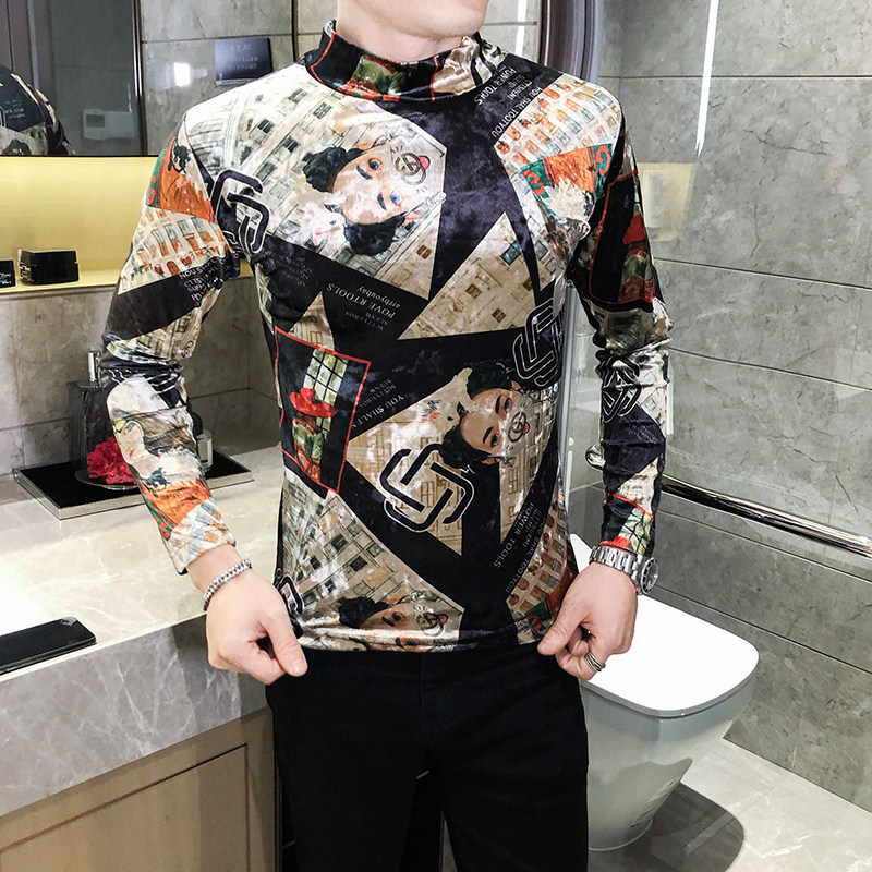 店主风T恤男长袖针织衫外穿网红半高领印花打底衫A068-XS30,男装T恤,星座419（原A233）