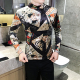 店主风T恤男长袖针织衫外穿网红半高领印花打底衫A068-XS30，男装T恤，星座419（原A233）