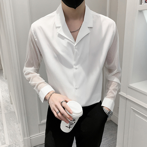 2025春夏新款男长袖衬衫潮流蕾丝袖西装领男V领衬衫H730-特P40图片