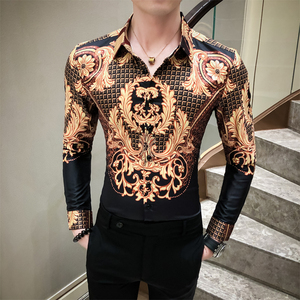 2021春男衬衫英伦男长袖上衣韩版修身印花衬衫工服A068-H800-P55图片