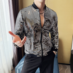 男生个性时尚防晒衣 夜店潮男薄夹克外套银色亮片演出服A17-P65图片