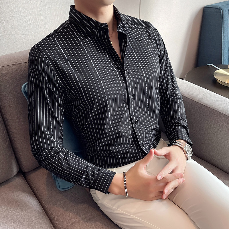 四季款男条纹长袖衬衫轻熟衬衣韩版修身个性上衣秋装衬衫BF23图片