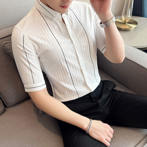 2025春夏男中袖衬衫英伦风个性衬衣修身款条纹潮男衬衣M2105-P60图片