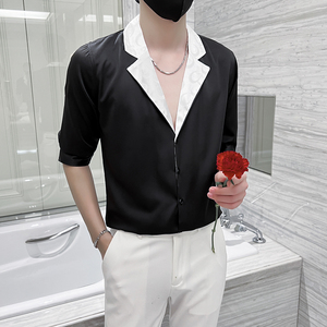 2025春夏男中袖衬衫社会风潮流拼接衬衣个性西装领H752-P55控75图片