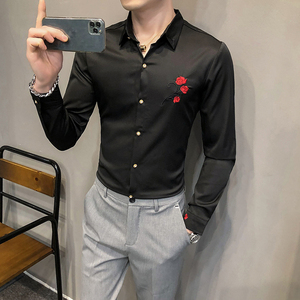 2021春装男衬衫长袖绣花衬衣金属装饰男青年潮流衬衫H86特图片