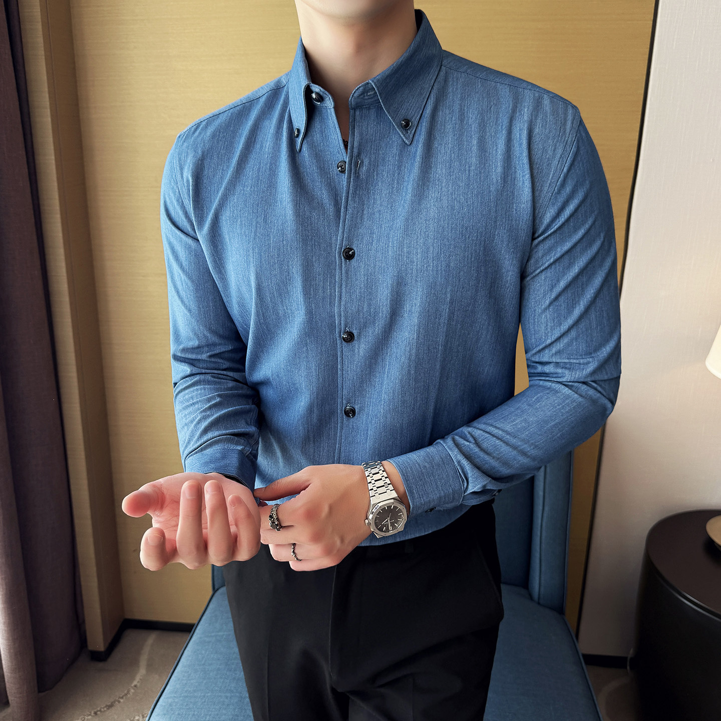 男士秋冬长袖衬衫~潮流牛仔衬衫~时尚尖领纯色衬衣419-M1127-P70,男装衬衫,星座419（原A233）