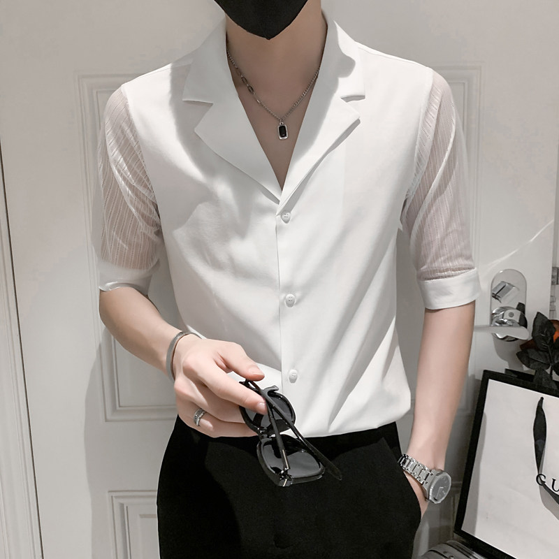 2025春夏款男蕾丝中袖衬衣经典V领西装领工装男5分衬衫D777特P40,男装西服套装,星座419（原A233）