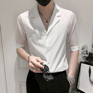 2025春夏款男蕾丝中袖衬衣经典V领西装领工装男5分衬衫D777特P40图片