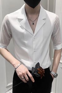 2025春夏款男蕾丝中袖衬衣经典V领西装领工装男5分衬衫D777特P40图片