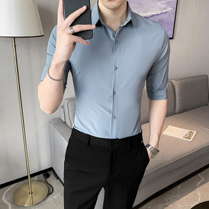 2021春夏男衬衫中袖纯色衬衣青年商务衬衫潮流衬衫时尚D666特图片