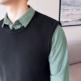 秋冬男士毛衣假两件针织毛衣打底衫拼接格子袖翻领毛衣S2327-P80，男装T恤，星座419（原A233）