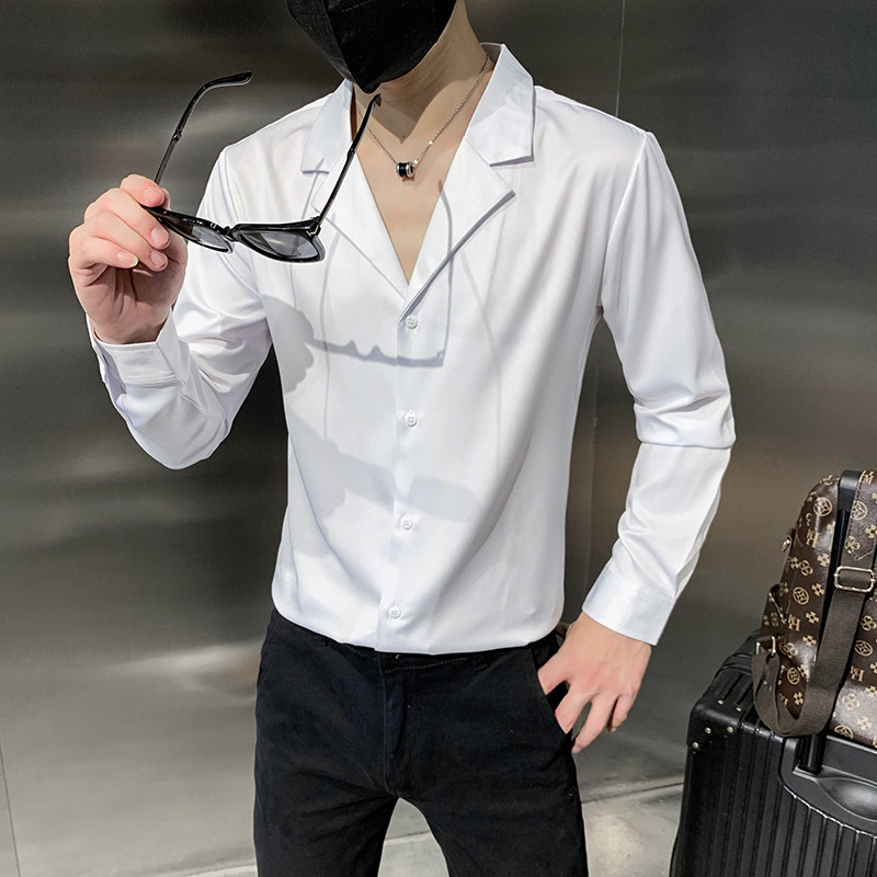 四季款男纯色长袖衬衫社会风西装领衬衣修身款个性V领衬H698特P35,男装西服套装,星座419（原A233）