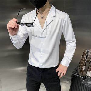 四季款男纯色长袖衬衫社会风西装领衬衣修身款个性V领衬H698特P35图片