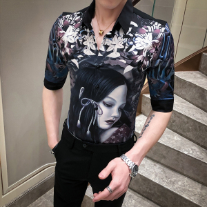 2021春夏男衬衫中袖个性衬衣青年商务衬衫潮流花衬衫时尚D565-P55图片