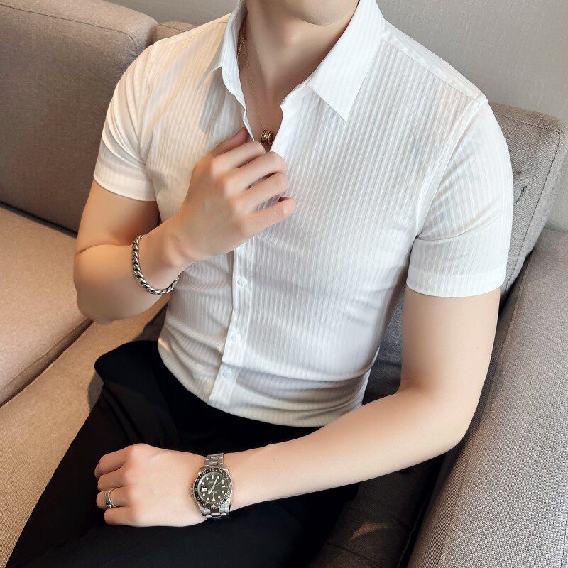 春夏男士衬衫 高级感休闲衬衣 短袖条纹衬衫5分袖A233-M323-P60图片