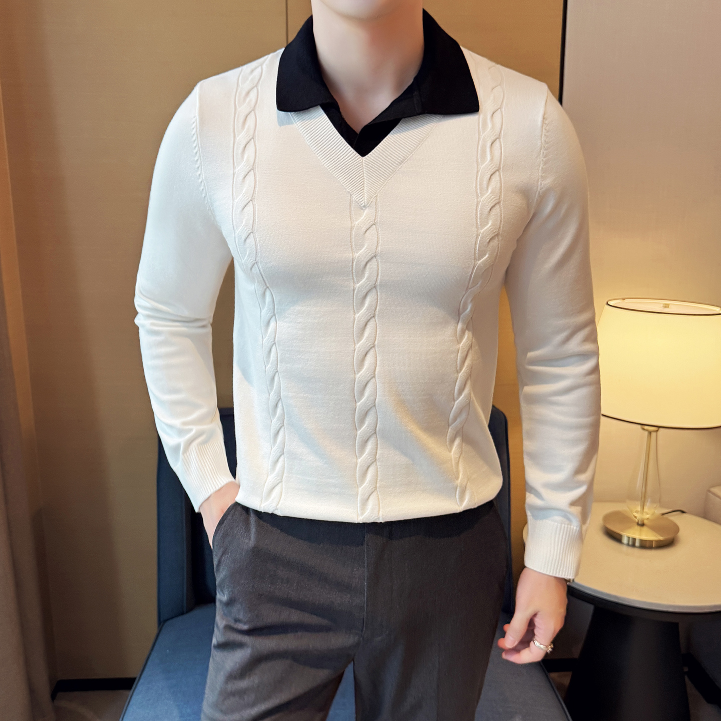 秋冬男士毛衣假两件针织毛衣打底衫撞色衬衫领翻领毛衣S3322-P75，男装T恤，星座419（原A233）