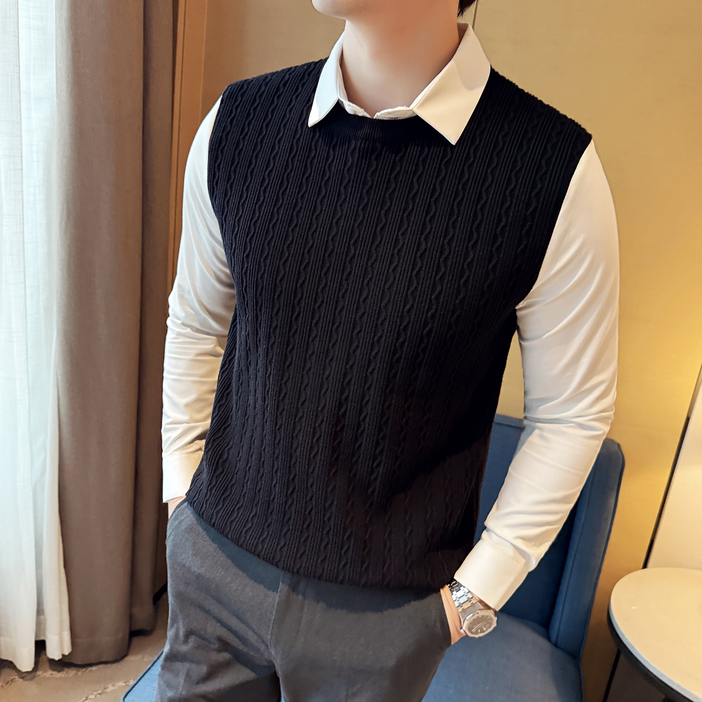 秋冬男士毛衣假两件针织毛衣打底衫撞色衬衫领翻领毛衣S1189-P119，男装T恤，星座419（原A233）