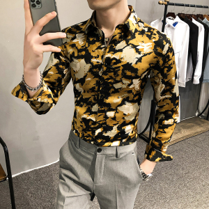 2021春装男衬衫长袖印花衬衣M-4XL男青年商务衬衫A068-BF81图片