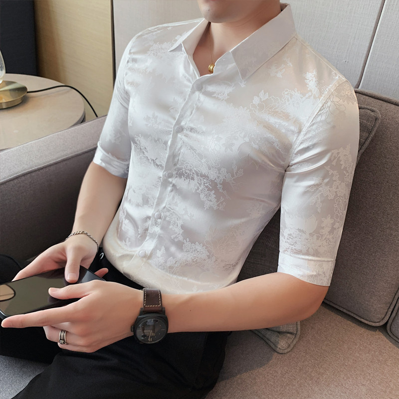 夏季新款男印花中袖衬衫五分袖衬衣韩版修身个性衬A233-BF95图片