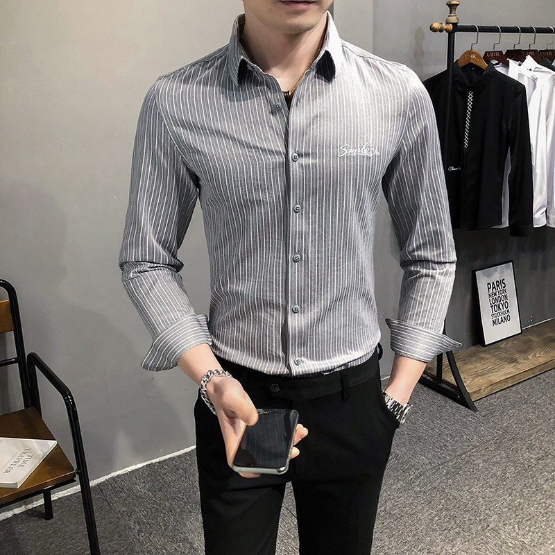 2021春装男衬衫长袖细条纹衬衣M-4XL男青年商务衬衫A068-BF84-P60，男装衬衫，星座419（原A233）