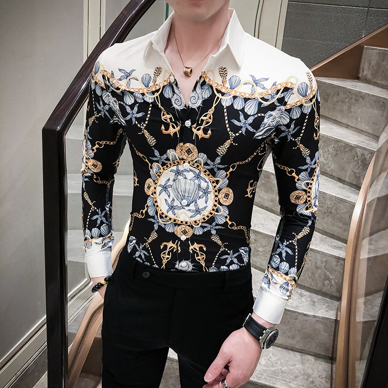 2021春男衬衫英伦男长袖上衣韩版修身数码印花衬衫A068-H534图片