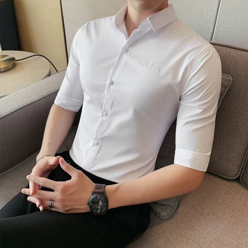 夏季新款男纯色中袖衬衫五分袖衬衣韩版修身个性衬A233-BF45,男装衬衫,星座419（原A233）