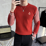 秋冬男士毛衣圆领加厚针织毛衣拼接套头毛衣A233-S3826-P68红色，男装针织衫/毛衣，星座419（原A233）