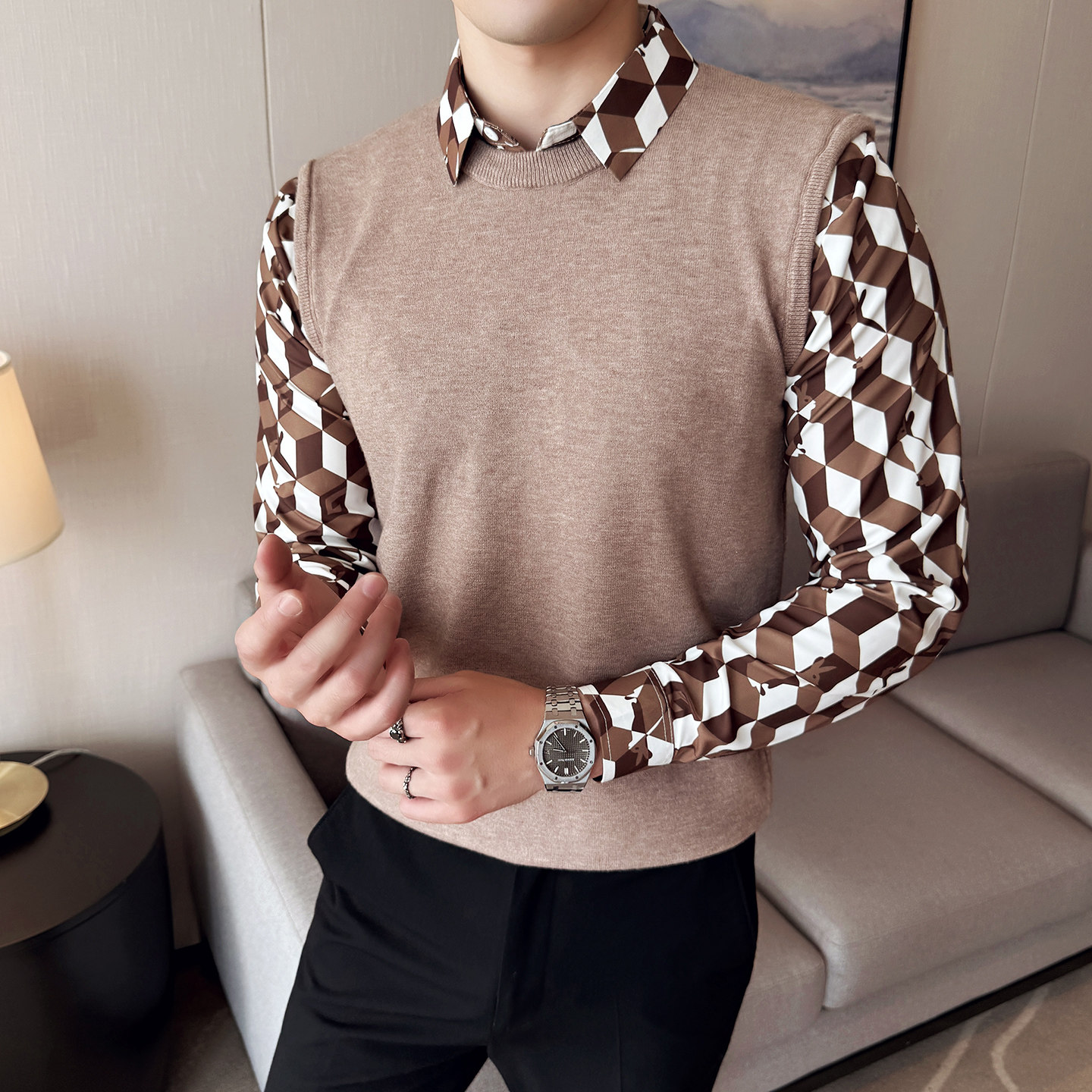 男士秋冬毛衣~衬衫拼接假两件毛衣~潮流撞色针织衫419-S2355-P69,男装衬衫,星座419（原A233）