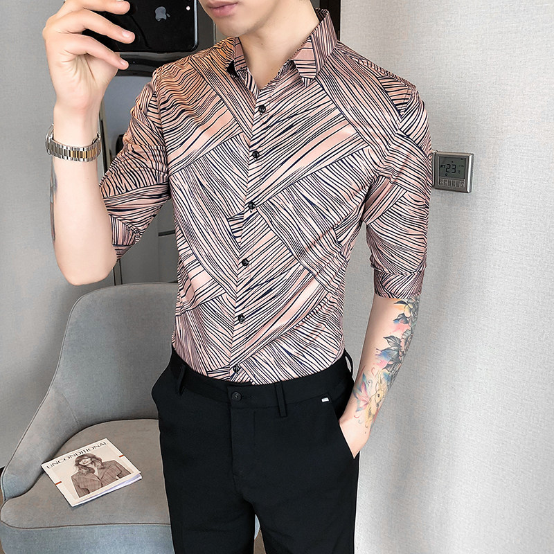 2021春夏男衬衫中袖条纹衬衣青年商务衬衫潮流花衬衫时尚H710,男装衬衫,星座419（原A233）