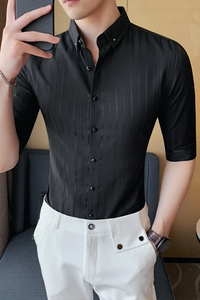 夏季新款男条纹中袖衬衫五分袖衬衣韩版修身个性衬A233-BF97图片