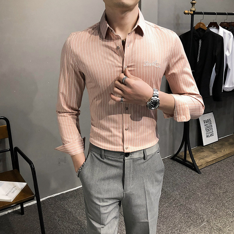 2021春装男衬衫长袖细条纹衬衣M-4XL男青年商务衬衫A068-BF84-P60,男装衬衫,星座419（原A233）