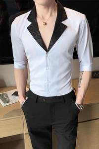 2025春夏男中袖衬衫英伦风个性衬衣修身款拼接潮男款H752-P55控75图片